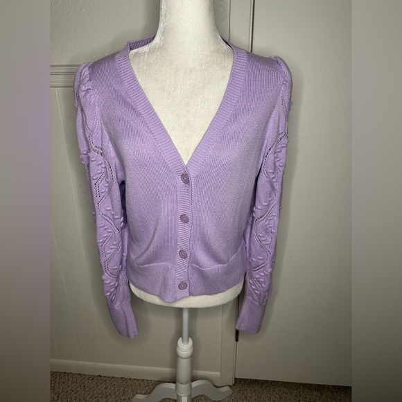 Express Women's Cardigan Bubbles Sweater Puff Sleeve Lavender Cotton size L - Picture 2 of 9